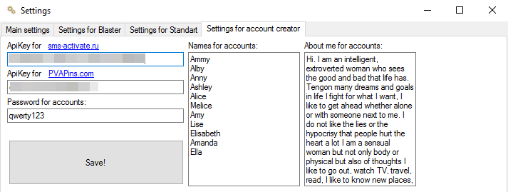 Account Creator Settings for Skout Bot